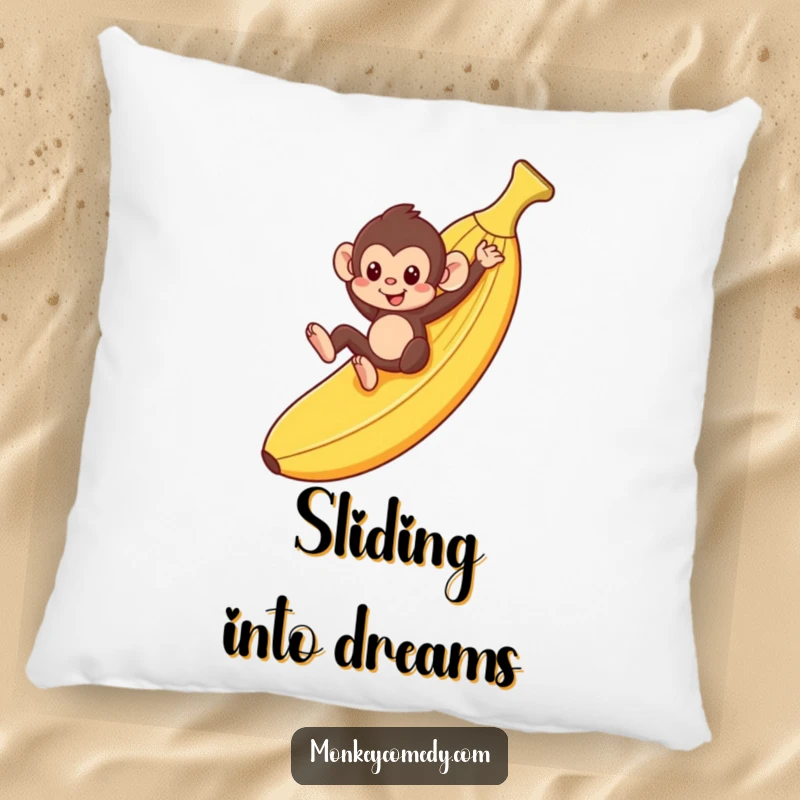 Funny monkey playfully sliding down a giant banana peel on a soft decorative pillow, ideal gift.