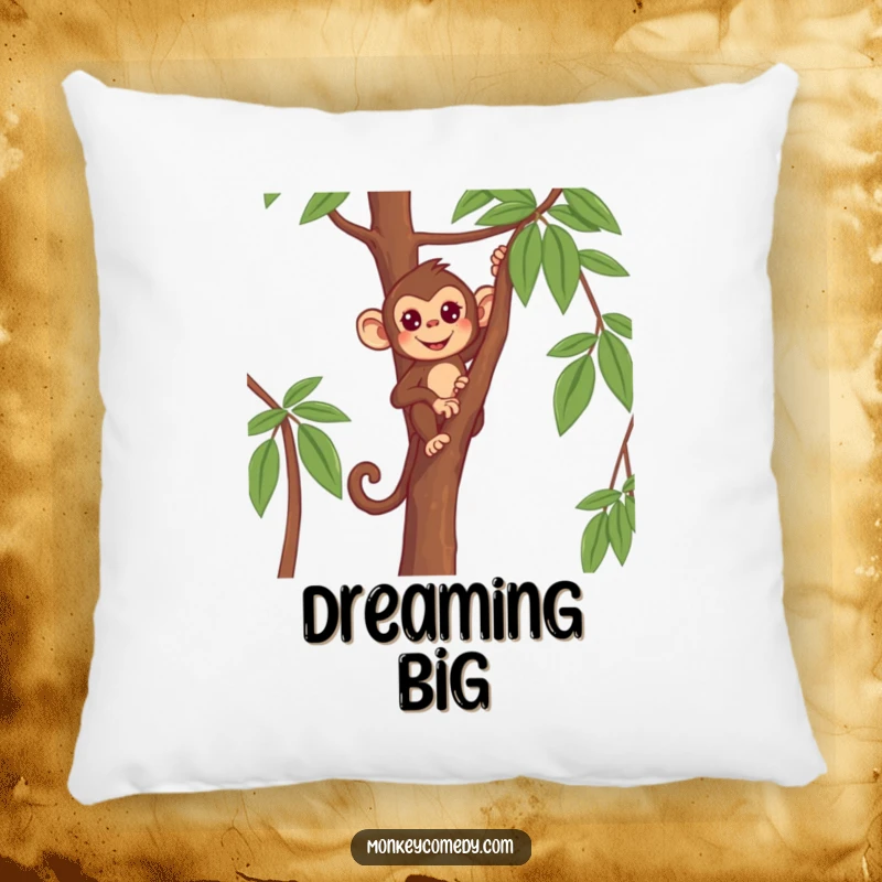 Funny Monkey Pillow featuring a determined primate climbing a thin tree, offering comfort and motivation.