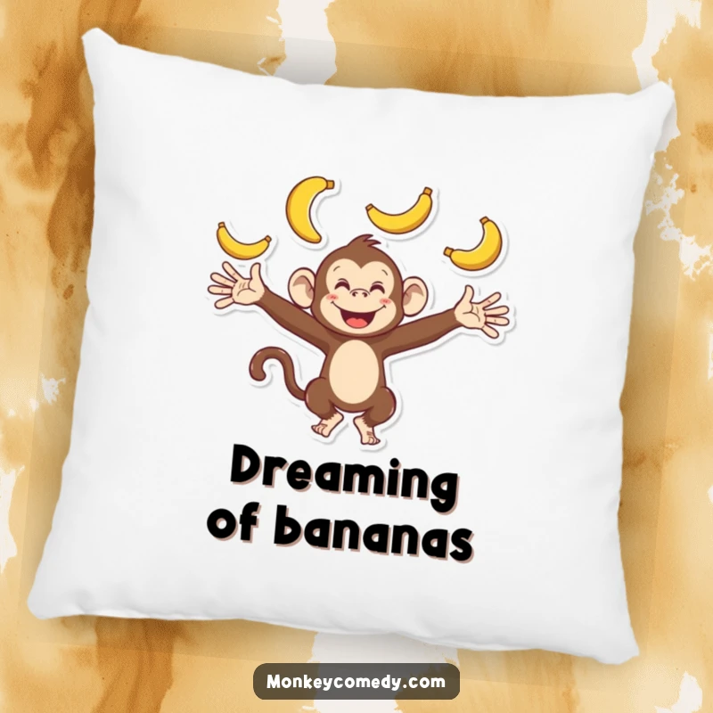 Funny monkey pillow featuring a playful character with outstretched arms, enthusiastically juggling bananas, offering comfort and humor.