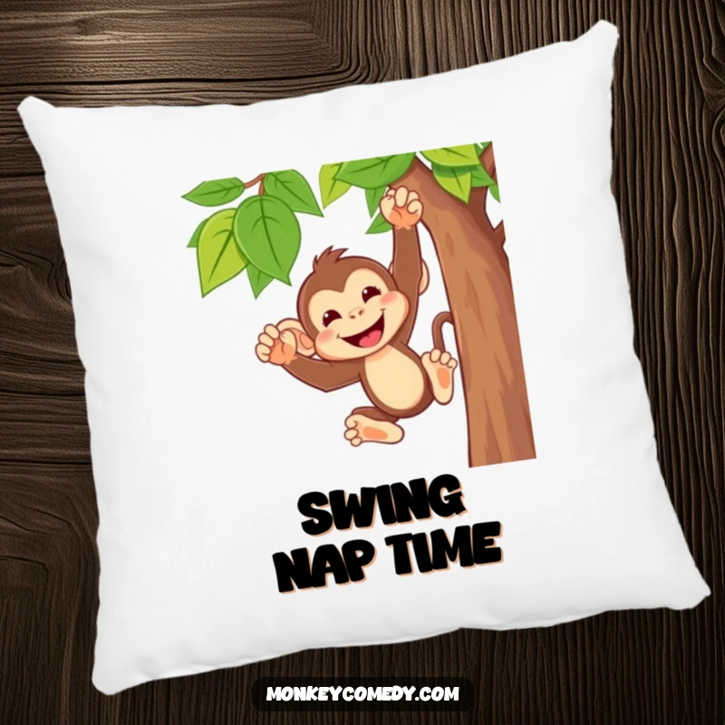 Funny monkey pillow featuring a cute character with a wide, cheeky grin, swinging joyfully from a vine, offering comfort and humor.