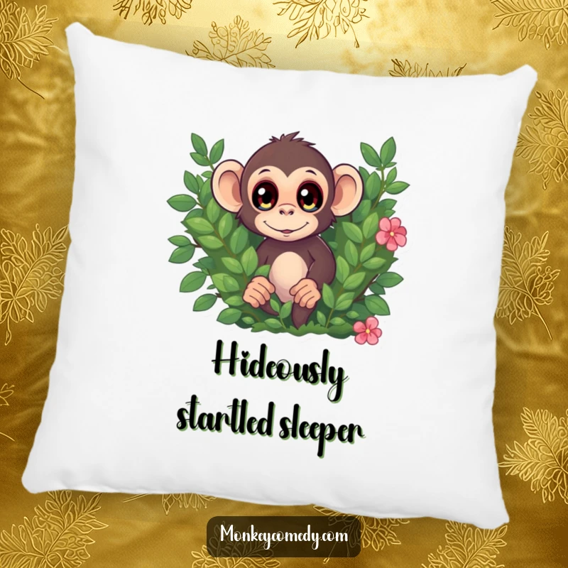 Funny pillow featuring a monkey with wide, surprised eyes peeking from behind a bush, perfect for humorous comfort.