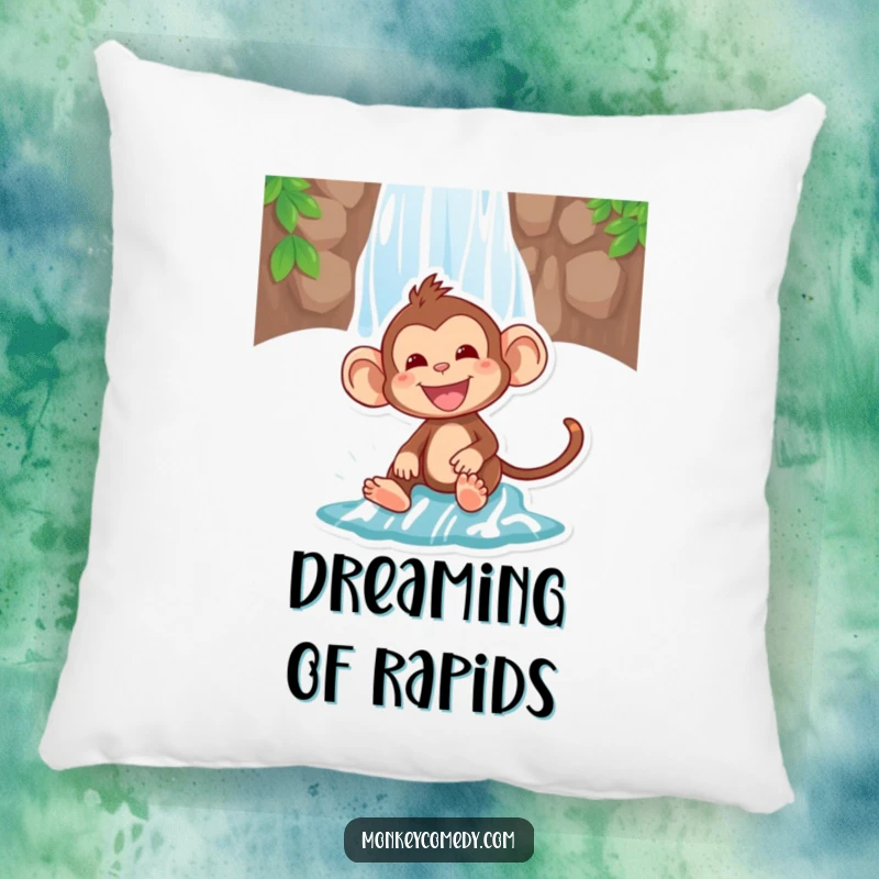 Funny pillow featuring a happy monkey mid-slide down a waterfall, adding a playful and adventurous touch to any seating area.