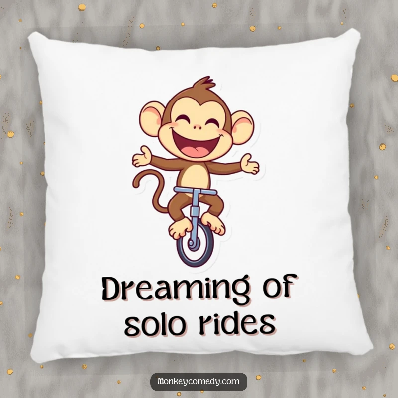 Funny Monkey Pillow: A joyful monkey rides a unicycle with a large, proud smile, perfect for cozy and cheerful decor.
