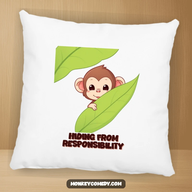 Funny Kawaii Monkey Pillow, plush cushion featuring a monkey peeking from behind a leaf, soft and comforting, perfect funny gift.