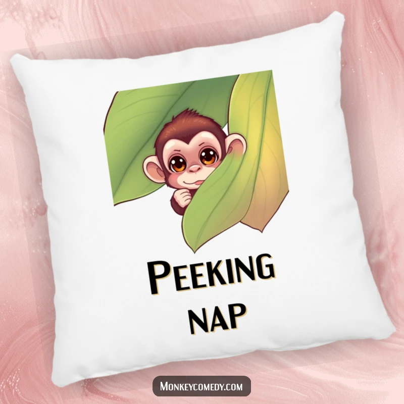 Funny monkey pillow featuring a small monkey with curious eyes peeking from behind a large, colorful leaf, offering comfort and humor.