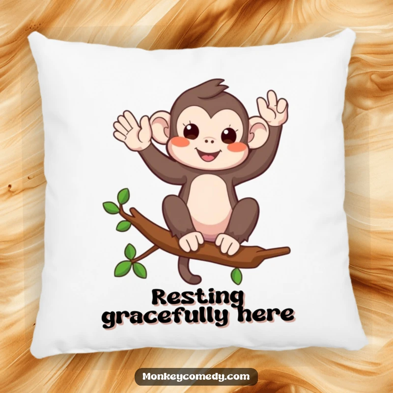 Funny pillow featuring a monkey on a branch waving playfully, perfect for adding comfort and a friendly touch.