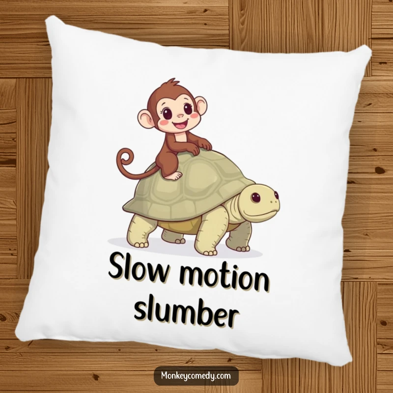 Funny pillow featuring a monkey joyfully riding a tortoise, offering a soft, comforting embrace and a sweet, amusing visual.