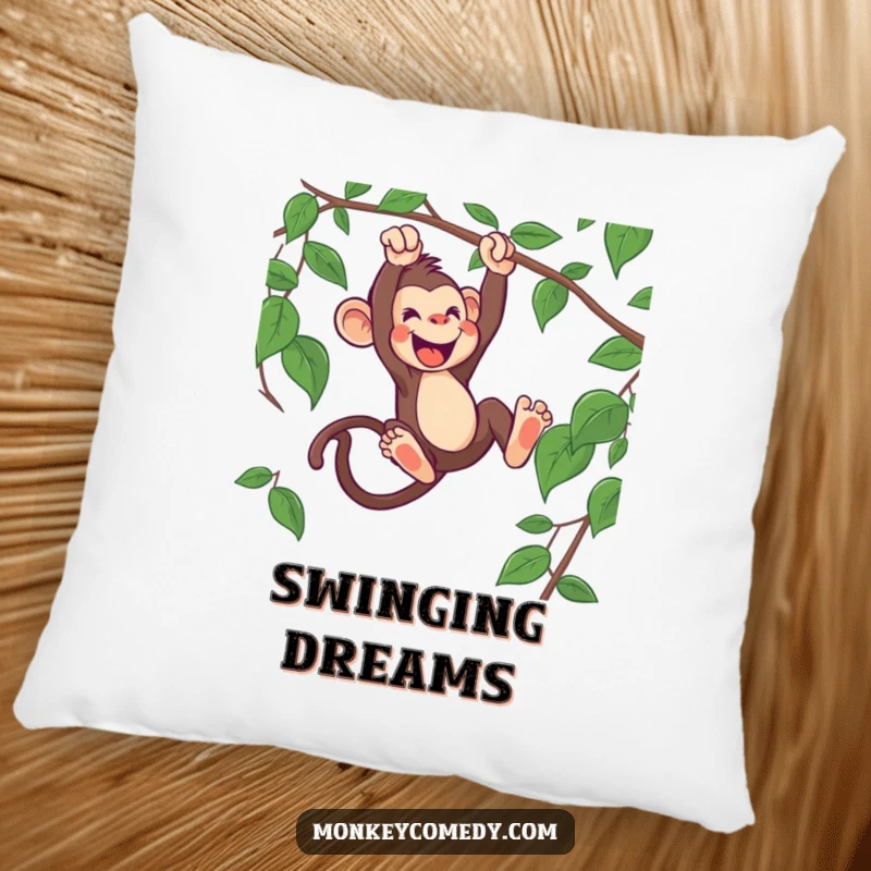 Funny monkey pillow showcasing an enthusiastic monkey swinging dynamically from a vine, bringing jungle excitement to your space.