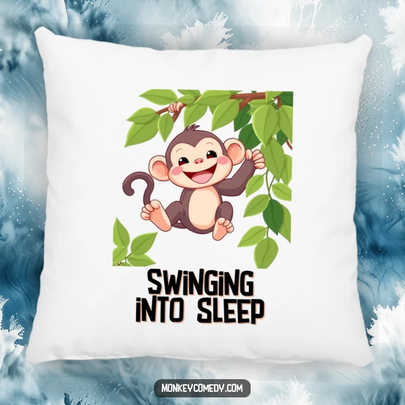Funny kawaii monkey pillow, wide grin, swinging comfortably, soft and huggable jungle friend.