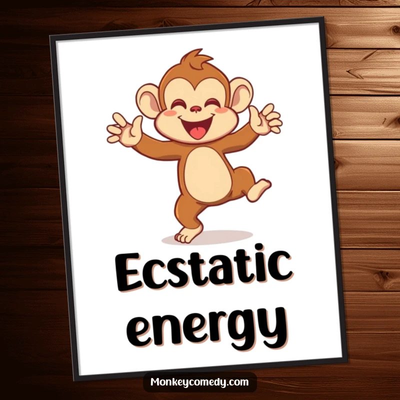 Funny digital art print of a monkey wildly dancing with arms flailing, capturing a moment of infectious, high-energy primate celebration.