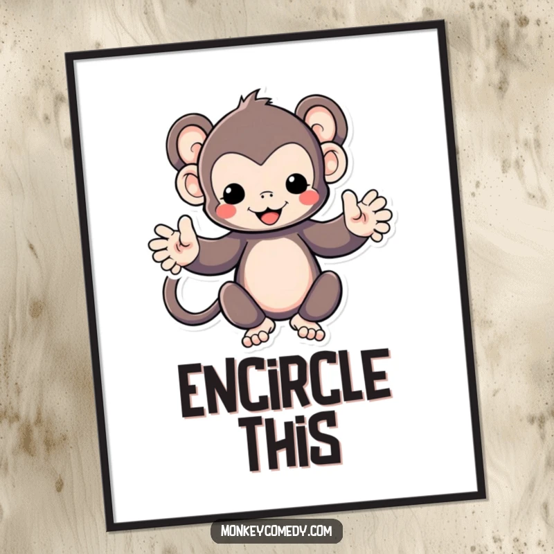 Funny Kawaii monkey with arms spread wide, inviting embrace, as a downloadable digital art print, for home decor.