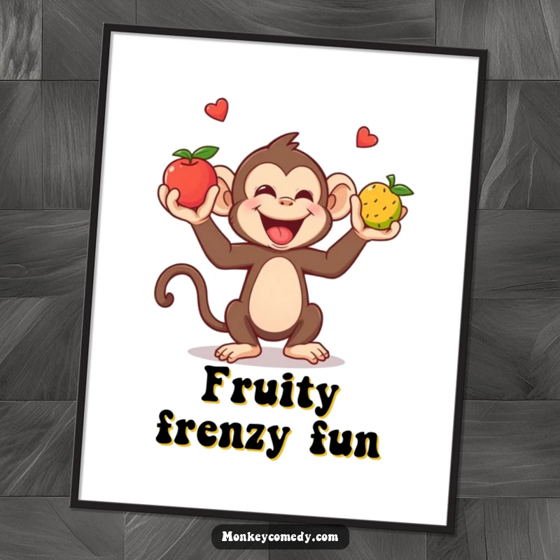 Funny Digital Art Print: A giggling monkey juggles three colorful fruits with its hands and feet, full of joy.