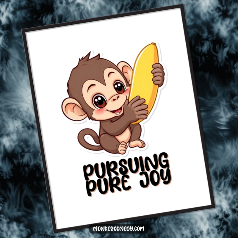 Funny curious monkey digital art print of a monkey reaching for a banana, for instant humorous decor and to satisfy cravings.