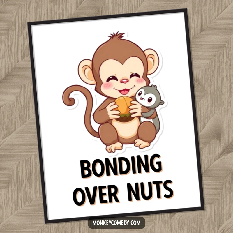 Funny Kawaii Monkey Digital Art Print: A cute monkey shares a nut, offering instant adorable friendship and humor.