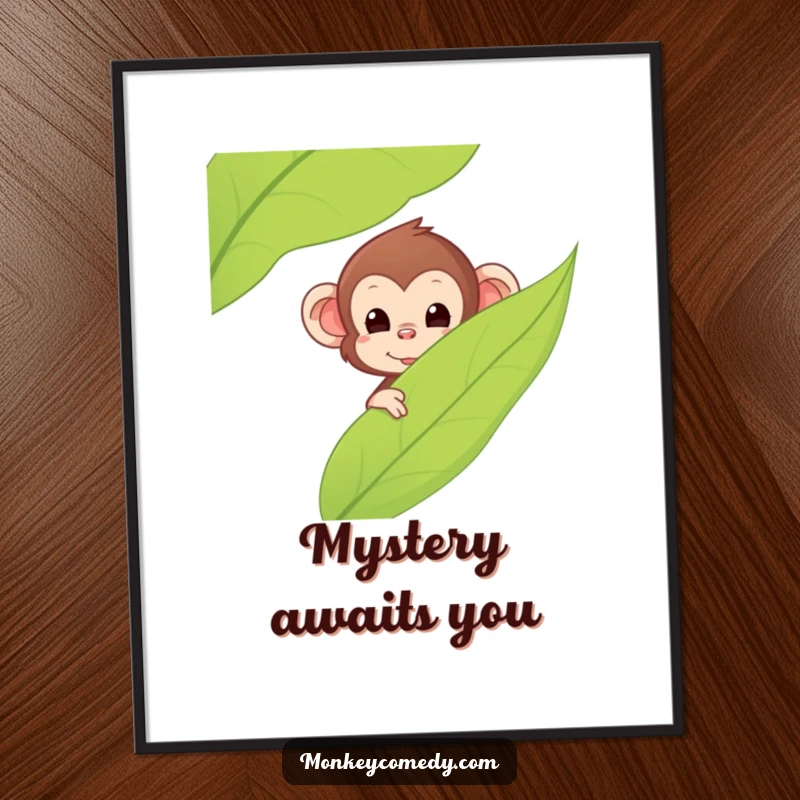 Funny Kawaii Monkey Digital Art Print, high-resolution art of a monkey peeking from behind a leaf, playful and charming, ideal funny gift.