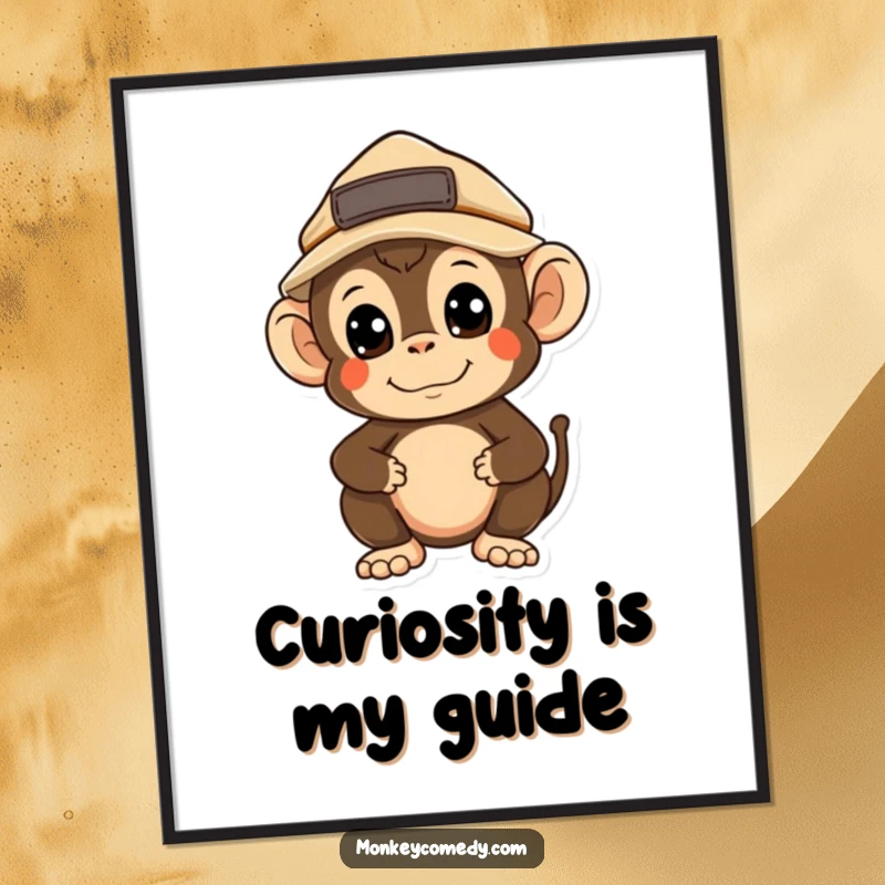 Funny Kawaii Monkey Explorer Digital Art: A curious monkey wearing an explorer hat looks around, offering instant printable adventure and humor.