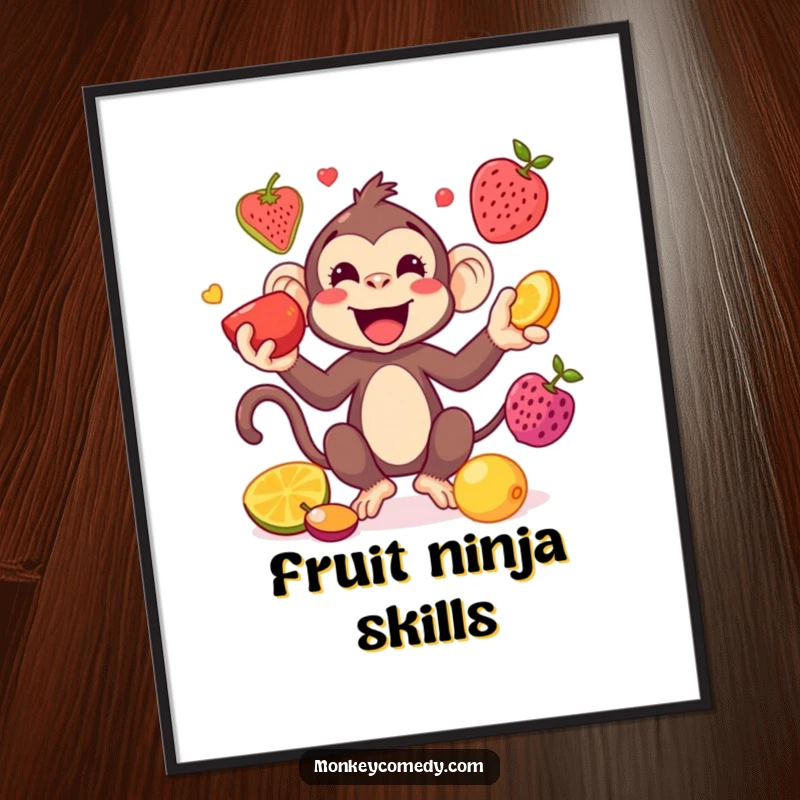 Funny Kawaii Monkey Juggling Digital Art: A kawaii monkey juggles colorful fruits, offering instant printable playfulness and humor.
