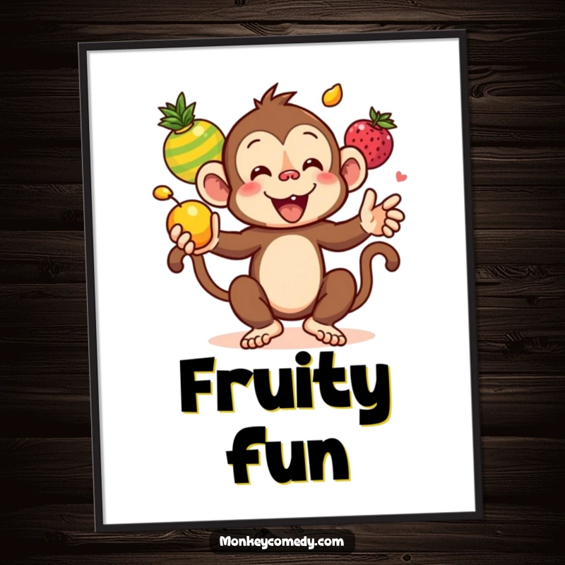 Funny Kawaii Monkey Juggling Colorful Fruits Digital Art Print, a high-resolution, humorous illustration of a joyful monkey artistically juggling fruits.