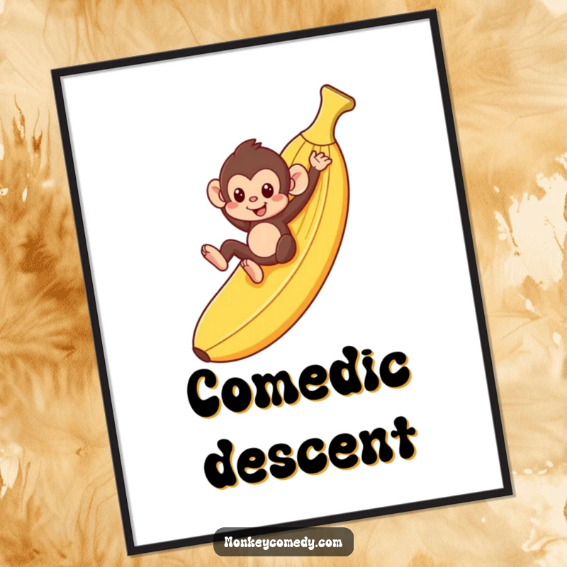 Funny monkey playfully sliding down a giant banana peel, as a digital art print, perfect gift.
