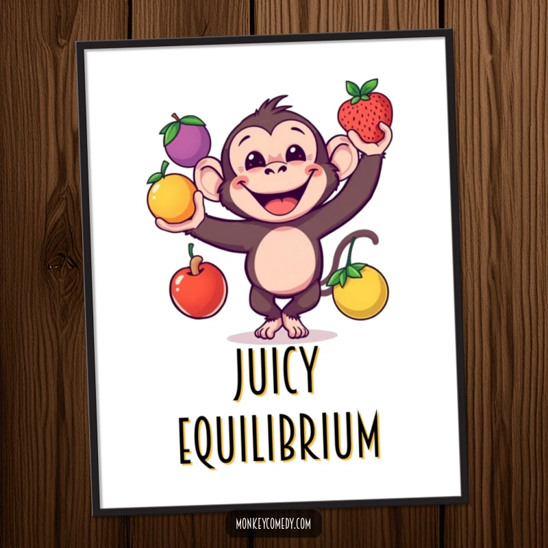 Funny monkey juggling three colorful fruits, as a digital art print, perfect gift.