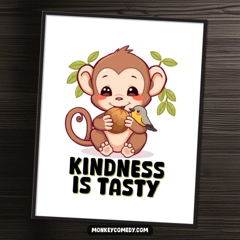 Funny digital art print of a monkey and bird sharing a nut, celebrating friendship and kindness for easy home decor.