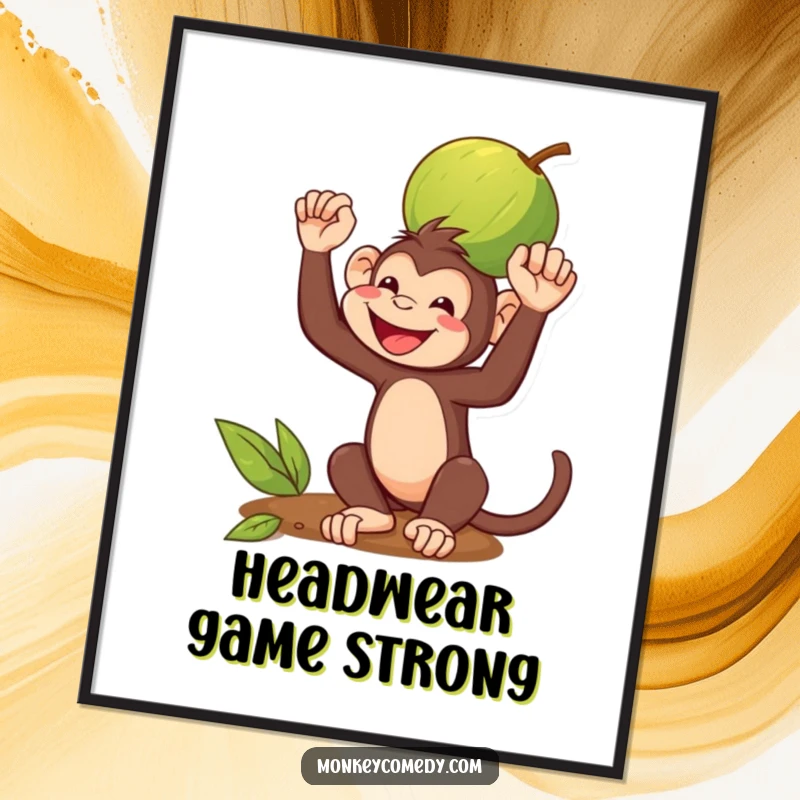 Funny Digital Art Print: A monkey grins while balancing a coconut on its head, a humorous and charming artwork.