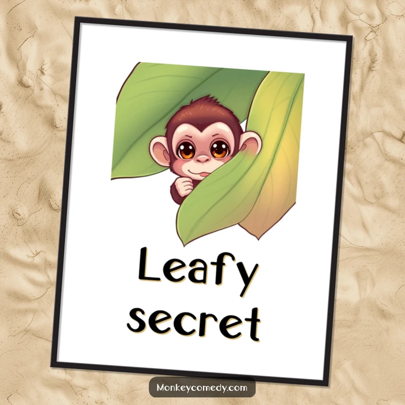 Funny monkey digital art print showing a small monkey with curious eyes peeking from behind a large, colorful leaf, perfect for decor.