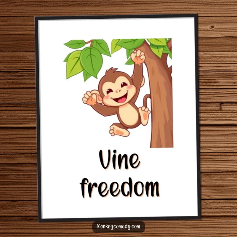 Funny monkey digital art print showing a cute character with a wide, cheeky grin, swinging joyfully from a vine, perfect for decor.