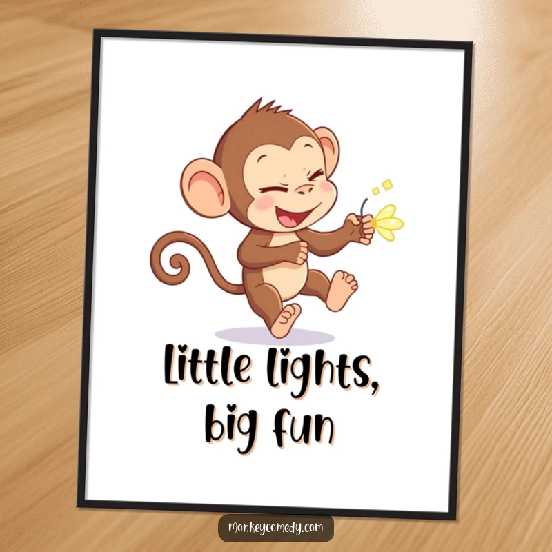 Funny monkey with a mischievous glint, chasing a brilliant firefly, available as an instant download funny digital art print gift.