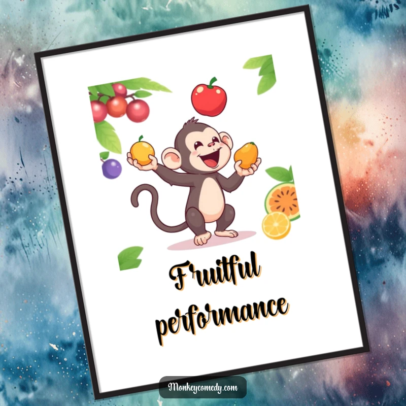 Funny digital art print of a monkey skillfully juggling colorful fruits, perfect for vibrant and entertaining wall decor.