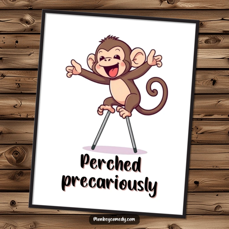 Funny monkey on stilts digital art print, a comical primate depicted with exaggerated balance on stilts, full of humorous energy.