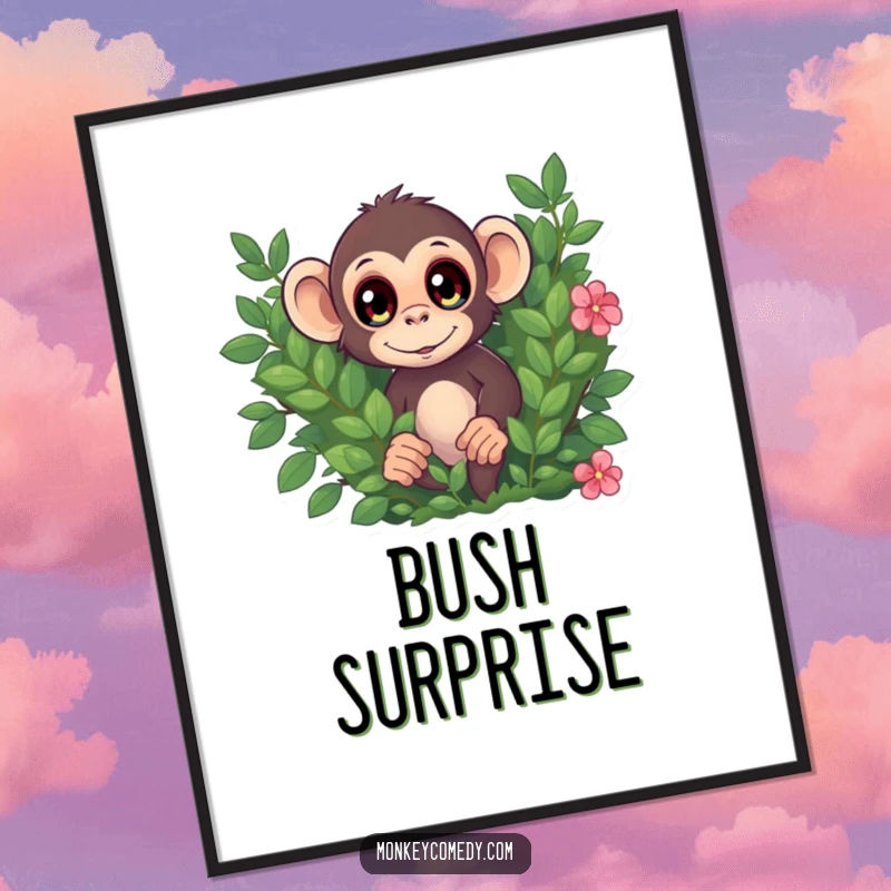 Funny digital art print of a curious monkey with wide eyes peeking from behind a bush, conveying playful jungle humor.