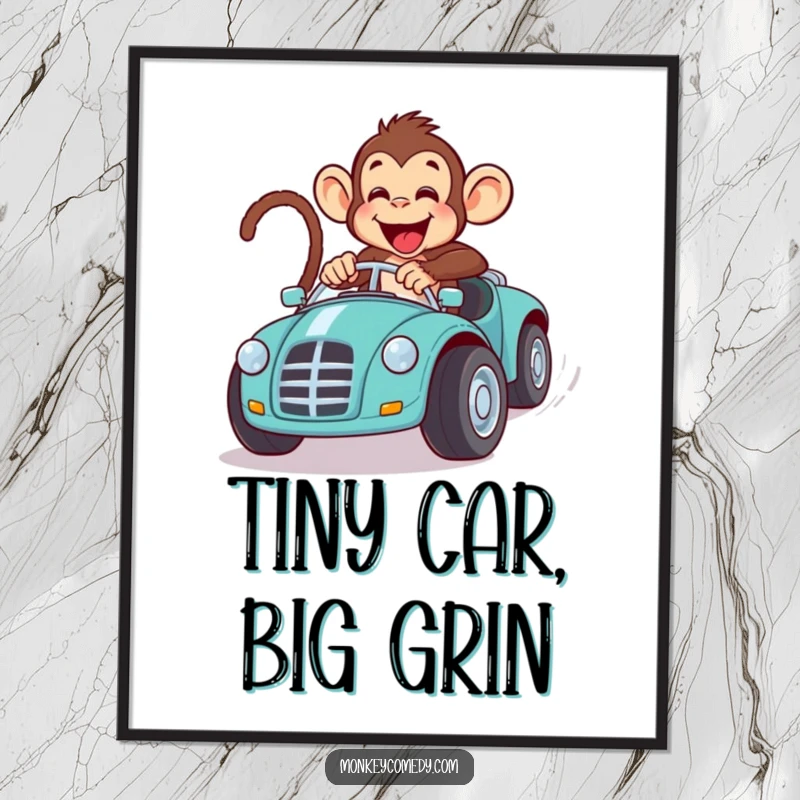 Funny monkey toy car race digital art print, showing a primate in a comical race with a toy car, full of speedy energy.