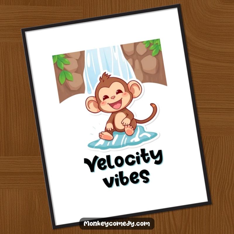 Funny digital art print of a monkey squealing with delight while sliding down a waterfall, perfect for wall decor.