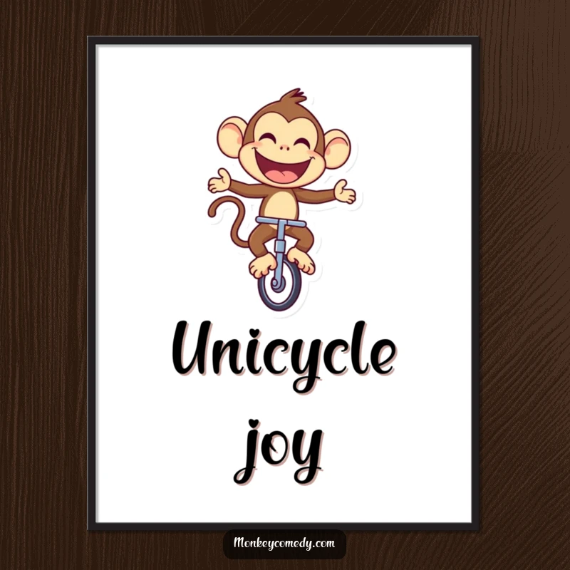 Funny Monkey Digital Art Print: A joyful monkey rides a unicycle with a large, proud smile, perfect for cheerful wall decor.