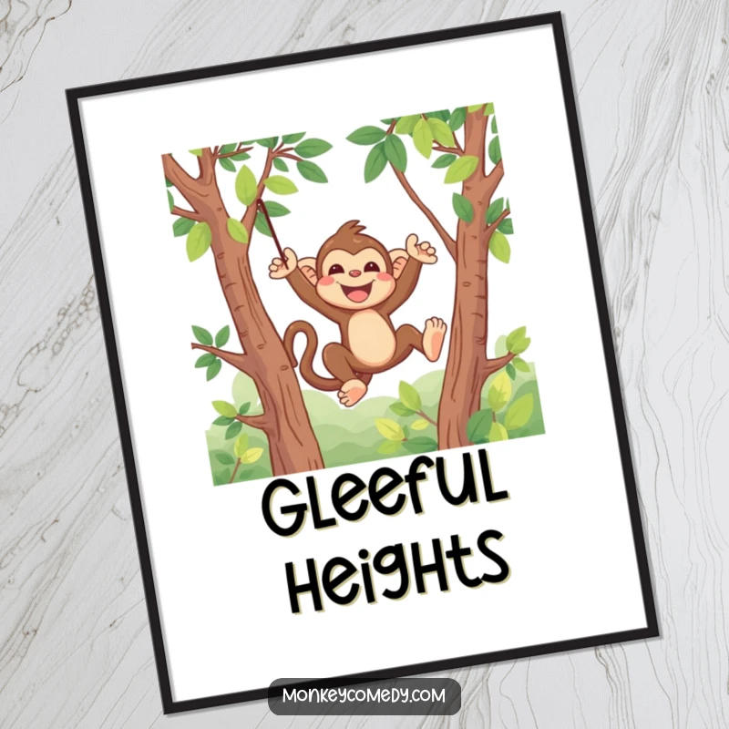 Funny Kawaii Monkey Digital Art Print: A high-quality printable of a cute monkey swinging with great joy through trees.