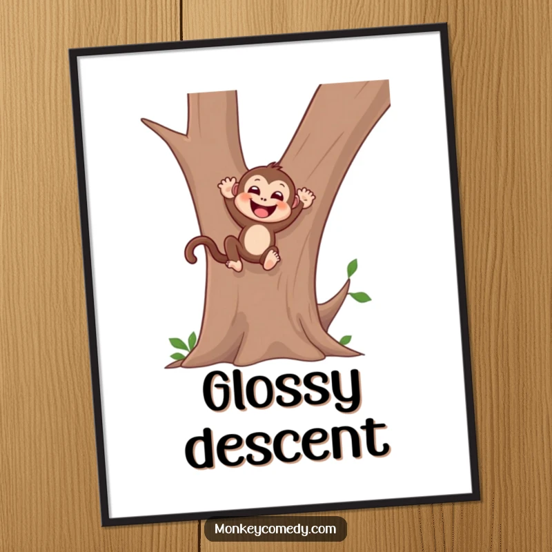 Funny monkey digital art print of a gleeful monkey sliding down a tree trunk, perfect for instant, joyful jungle decor.