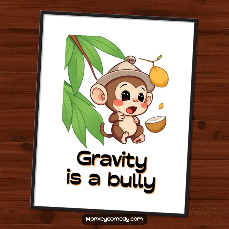 Funny surprised monkey digital art print of a monkey in a hat looking shocked by a falling coconut, for instant humorous decor.