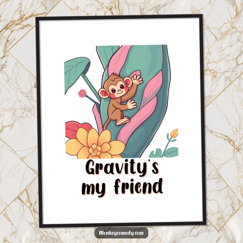 Funny Kawaii monkey digital art print, a cute primate comically climbing a large, colorful plant, instant wall decor, funny gift.