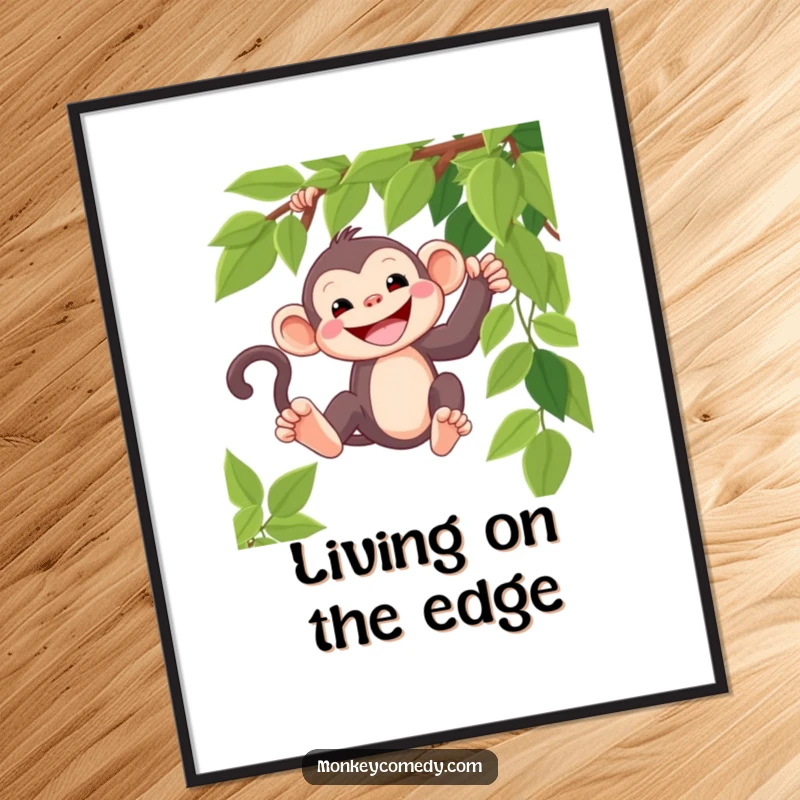 Funny kawaii monkey digital art print, wide grin, swinging on a vine, high-resolution jungle art.