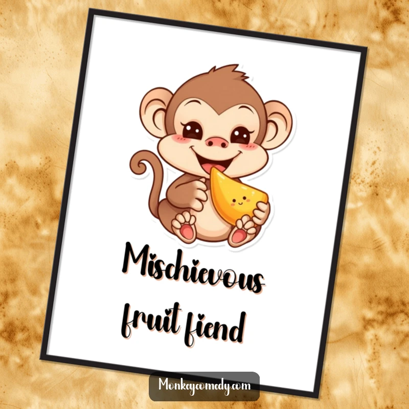 Funny digital art print of a mischievous kawaii monkey with a grin, eating fruit, ready for immediate display.