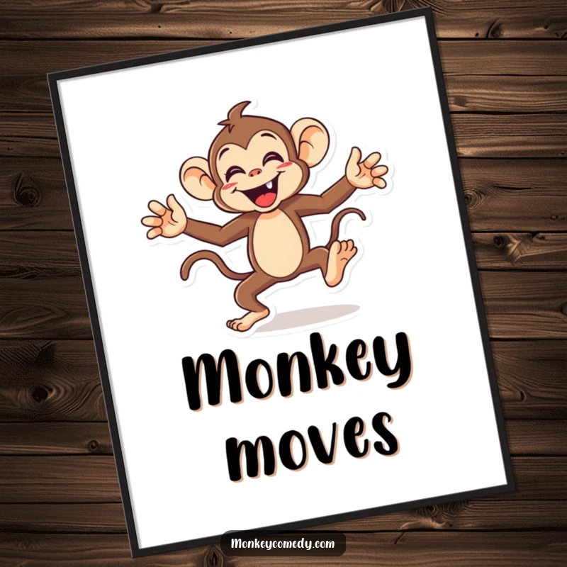 Funny monkey digital art print showing an energetic character doing a funny dance with arms and legs flailing, perfect for decor.