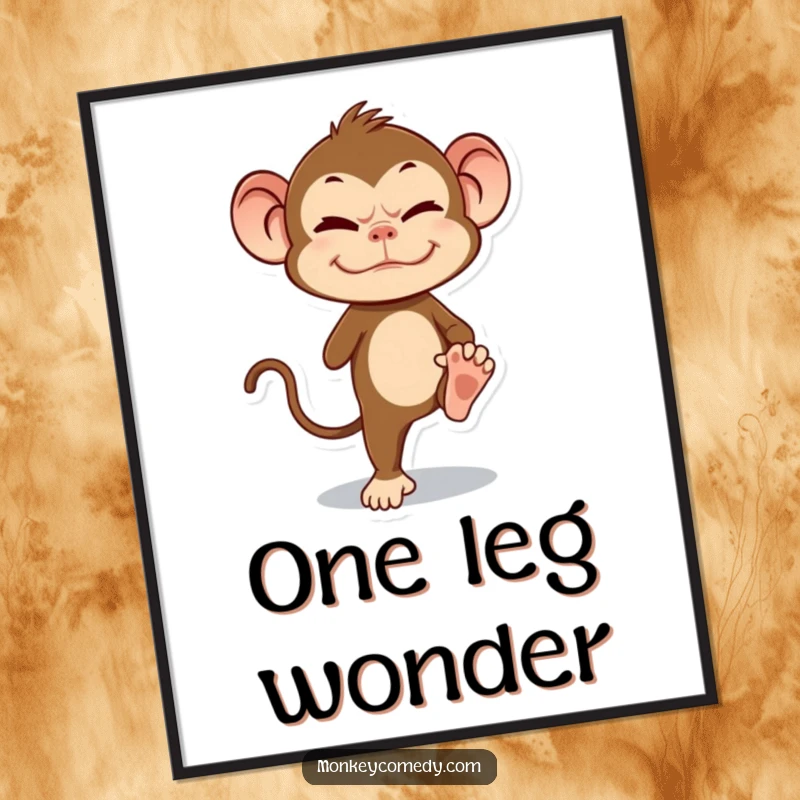 Funny Monkey Digital Art Print: a primate with a grimace, balancing on one leg, conveying humorous effort.