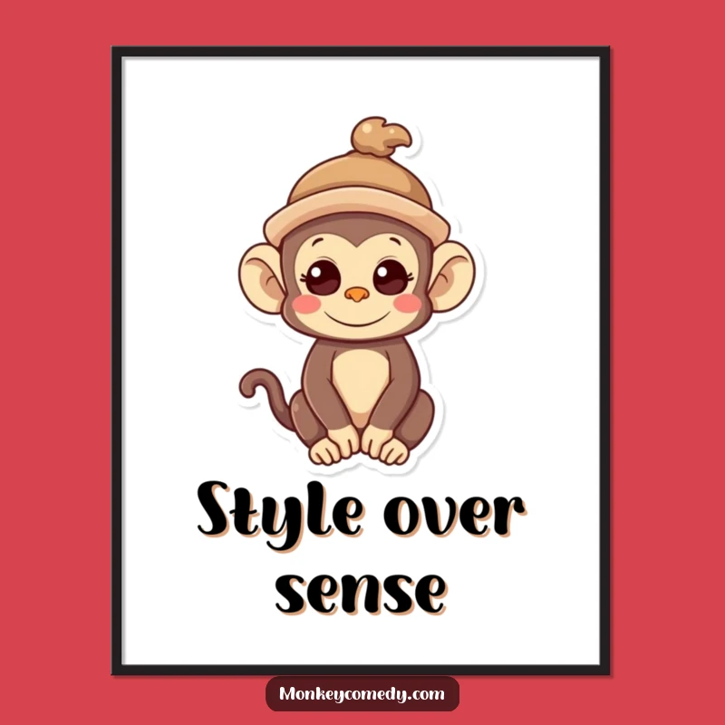 Funny Kawaii Monkey Hat Digital Art Print - Quirky Charm, Adorable Instant Gift!