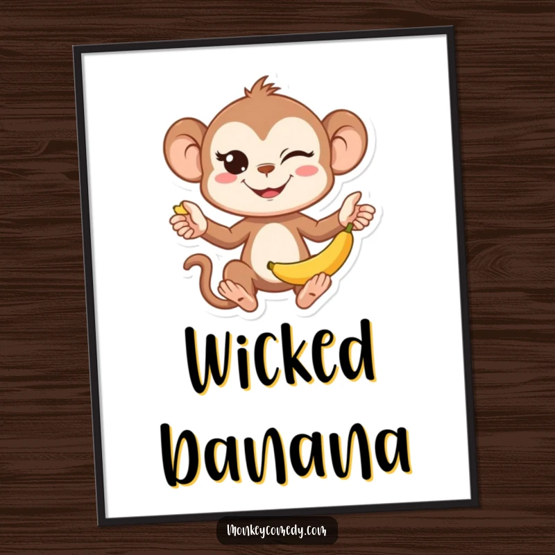 Funny Kawaii Monkey Juggling Digital Art Print: A high-quality printable of a cute monkey juggling bananas with a mischievous wink.