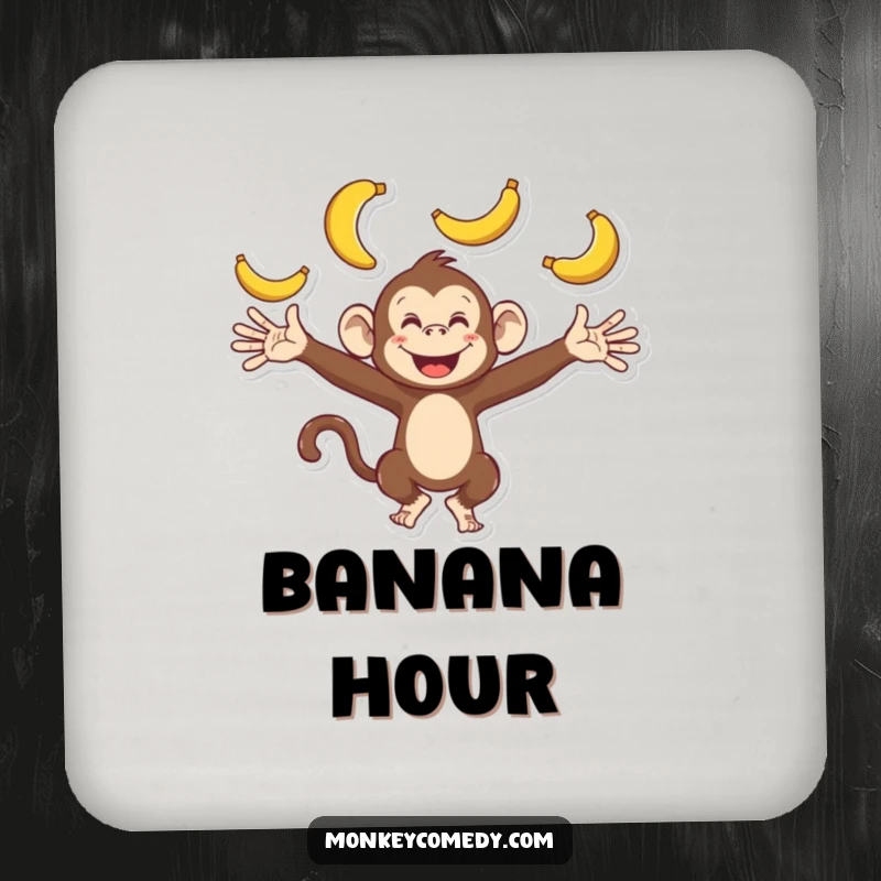 Funny monkey drink coaster featuring a playful character with outstretched arms, enthusiastically juggling bananas, adding humor to tabletops.