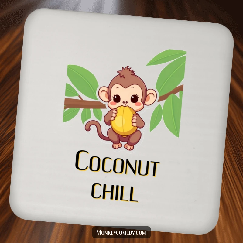 Charming Kawaii Monkey Coaster with a curious monkey holding a coconut, safeguarding surfaces.