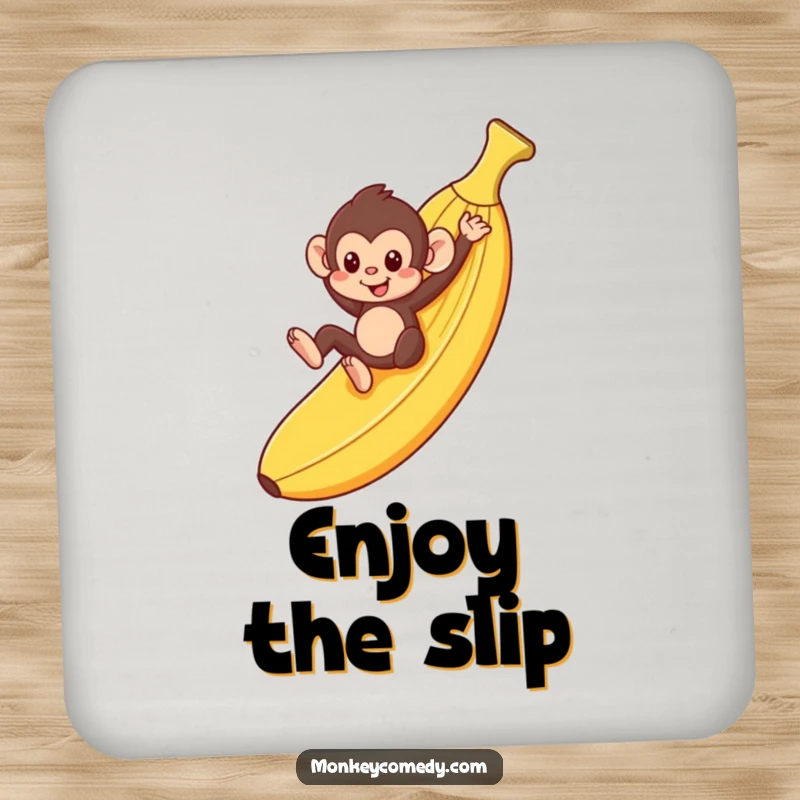 Funny monkey playfully sliding down a giant banana peel on a drink coaster, great for gifts.