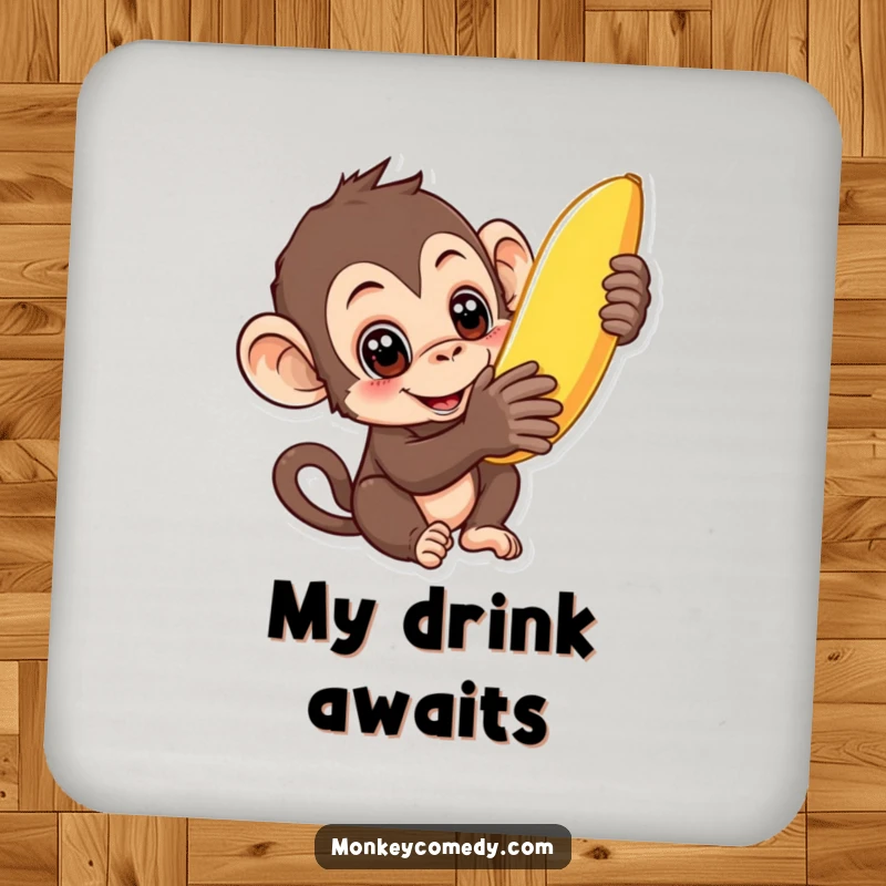 Funny curious monkey drink coasters with a monkey reaching for a banana, adding humor and protecting surfaces.
