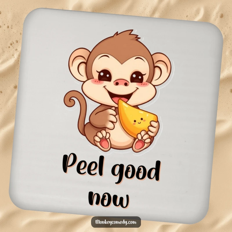 Funny drink coaster set featuring a mischievous kawaii monkey with a grin, eating fruit, blending protection with cute humor.